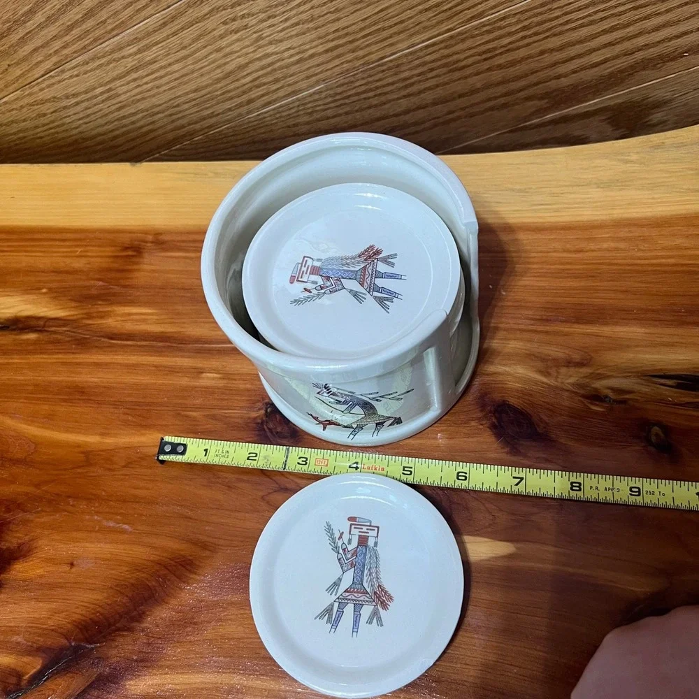 Vtg‎ Signed Handcrafted Southwestern Pottery Coaster Set 8 Pieces Matching Crock
